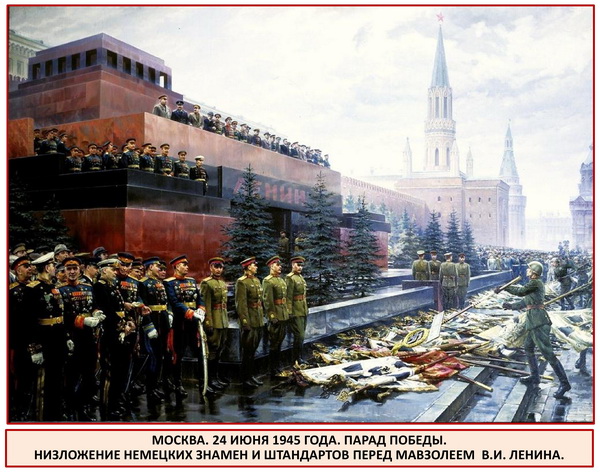 Москва, 24 июня 1945 года. Парад Победы. Низложение немецких знамён и штандартов перед Мавзолеем В. И. Ленина